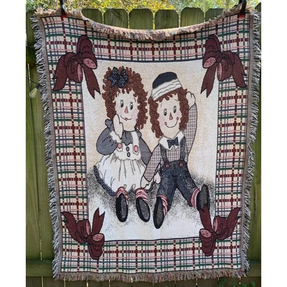 Vintage Raggedy Ann and Andy‎ Dolls Fringed Woven Tapestry Blanket
